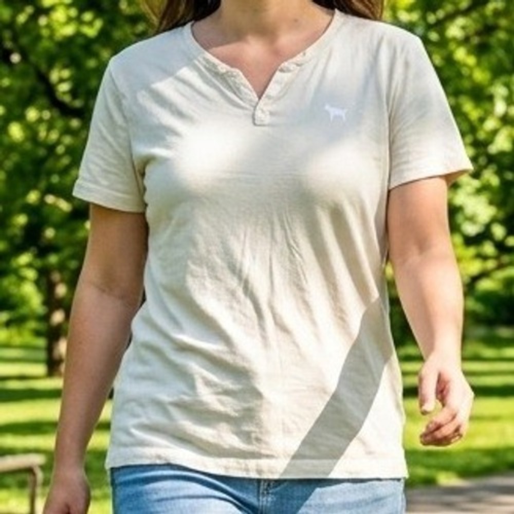 Pink Victoria's Secret Henley T-Shirt Cream Off White Cotton Short Sleeve Large